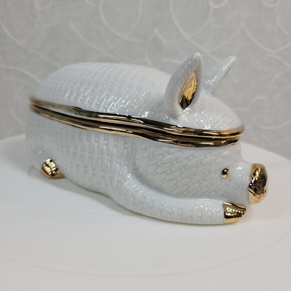 Bone China Porcelain Pig Hinged Trinket Jewelry Box w/ 18k Gold Accent - Picture 15 of 16
